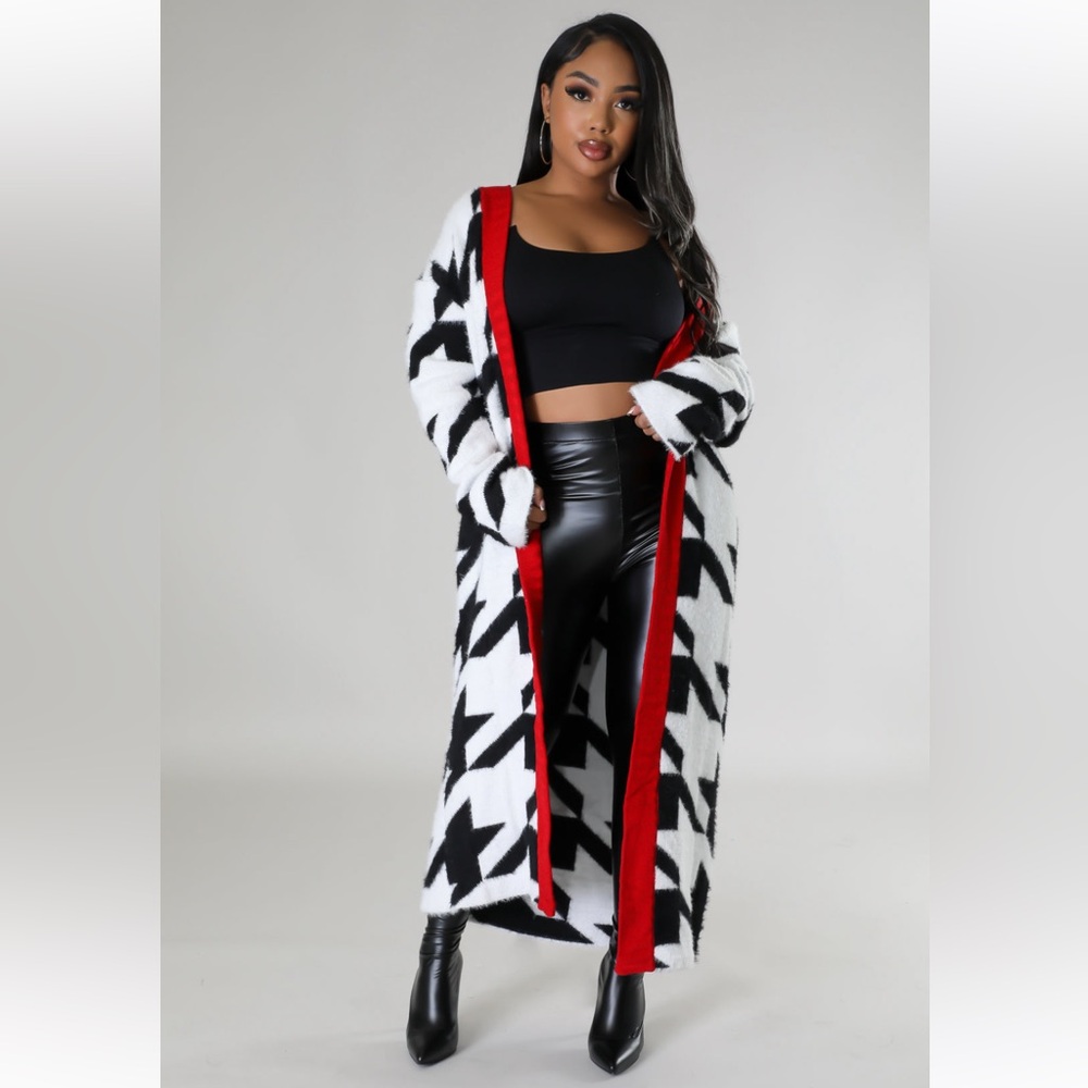 Bold Black and White Cardigan with Red Accents